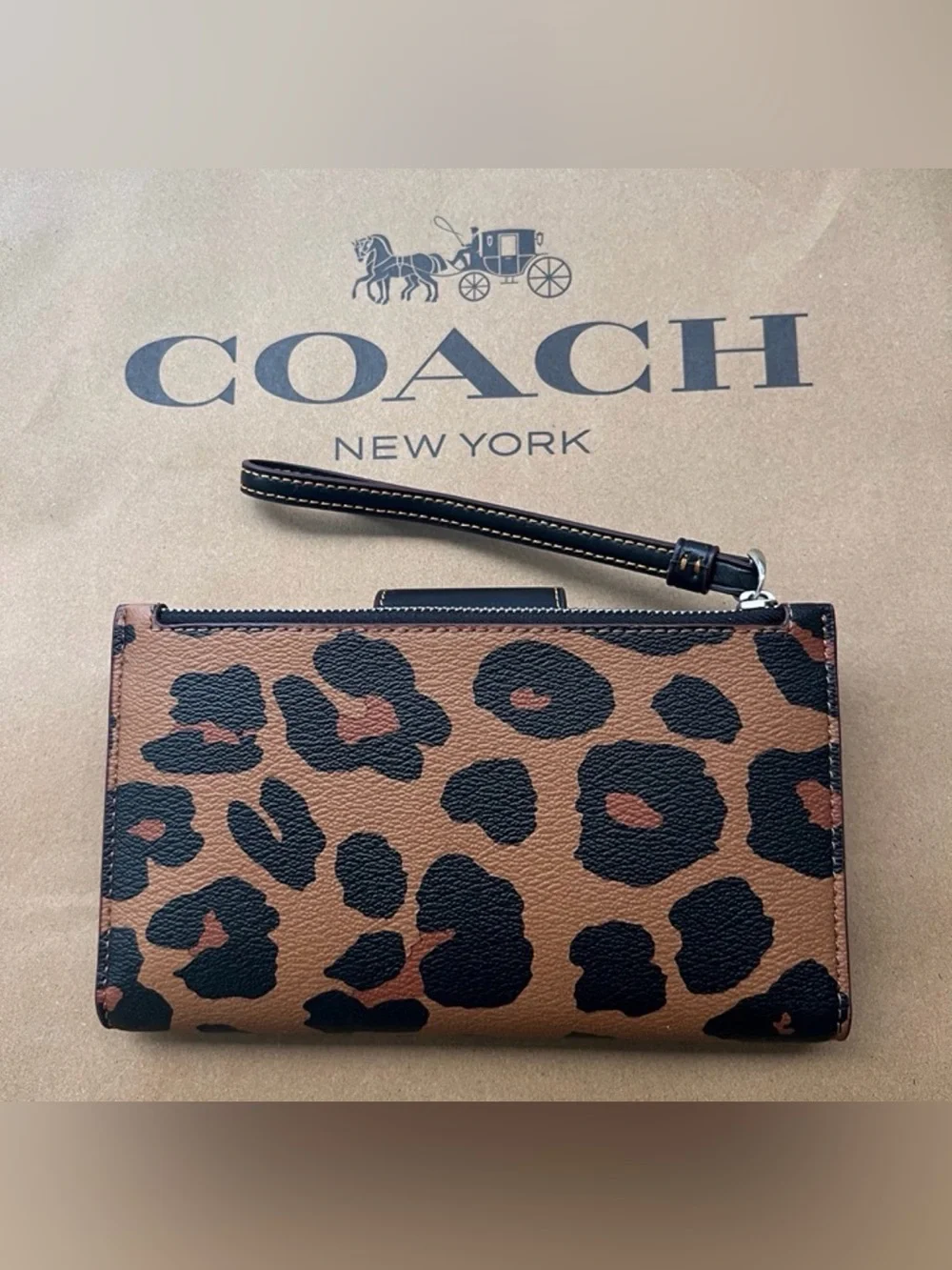 COACH Leopard Print Leather Wristlet Card Case - Brown & Black